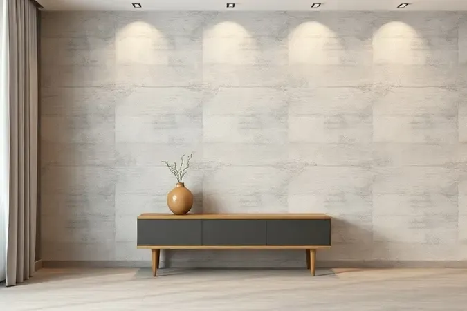 Parede de destaque em sala com porcelanato de grandes formatos e decoração minimalista.