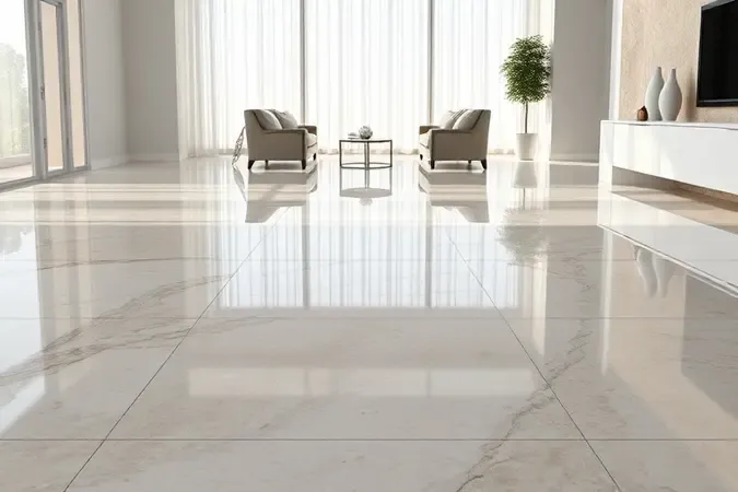 Porcelanato polido com superfície espelhada de alto brilho refletindo luz natural em ambiente interno moderno e minimalista.