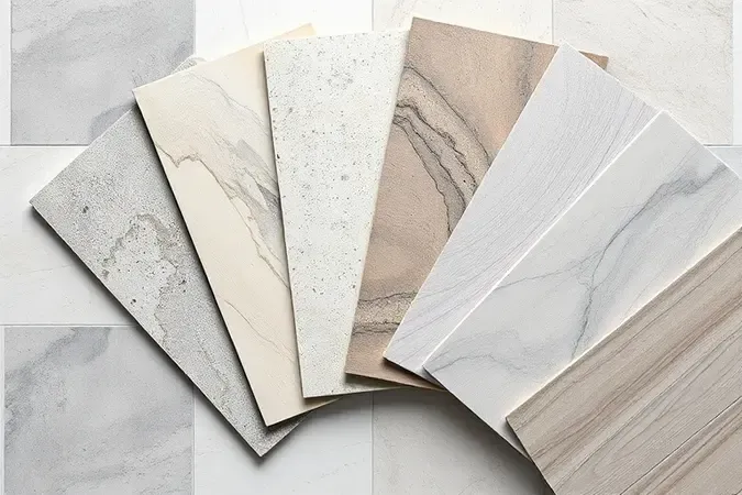 Composição artística de porcelanatos com texturas inspiradas em concreto, pedra, madeira e mármore.
