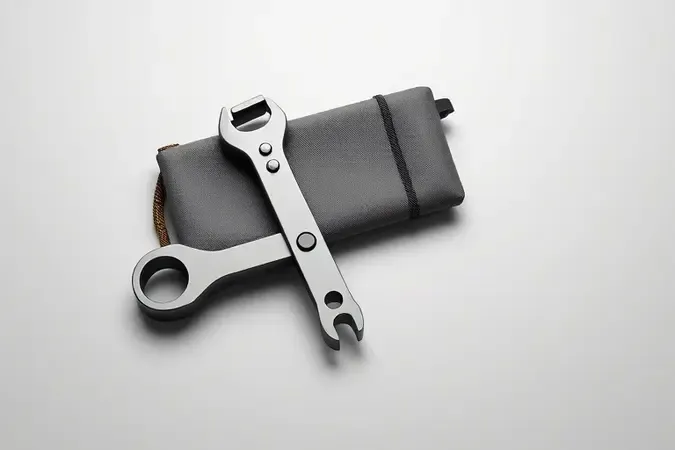 Render 3D conceitual de chave de roda telescópica compacta ao lado de bolsa minimalista, destacando portabilidade e eficiência de espaço