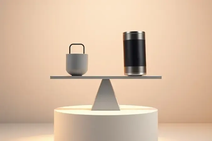 Render 3D de balança conceitual equilibrando portabilidade e potência em compressores de ar portáteis com formas abstratas.