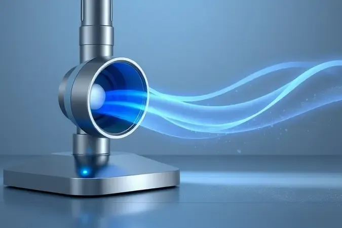 Renderização 3D conceitual mostrando poder de sucção de aspirador vertical sem marca com fluxo de ar estilizado