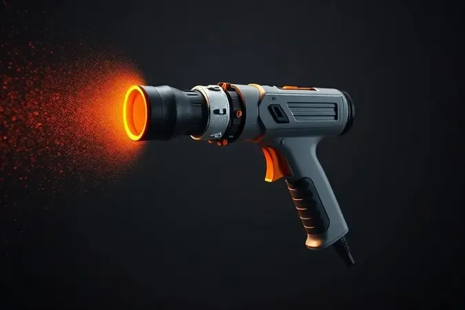 Renderização 3D de pistola de pintura elétrica com efeito dinâmico de atomização e iluminação alaranjada destacando potência.
