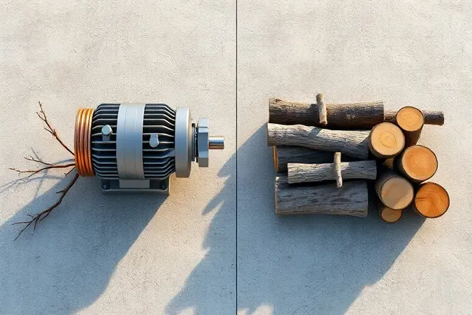 Render 3D conceitual representando equilíbrio entre potência do motor e diâmetro de corte em triturador de galhos.