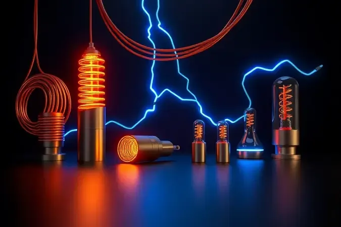 Renderização 3D conceitual de fluxo de energia elétrica com bobinas de cobre e traços de luz azul em ambiente minimalista escuro.
