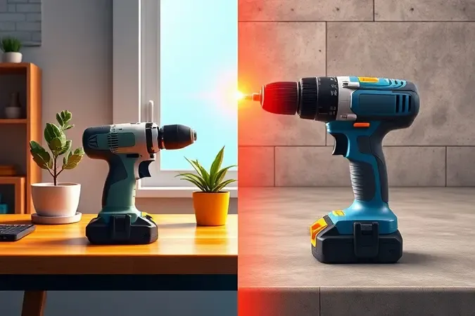Renderização 3D comparando furadeiras de impacto para uso residencial e profissional, com ambientes e níveis de potência distintos em cada cenário.