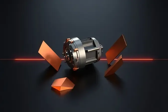 Renderização conceitual 3D abstrata representando potência de motor elétrico com elementos cobreados e linhas de energia