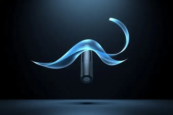 Renderização 3D abstrata com fluxo de ar azul translúcido e partículas sendo sugadas por bocal de aspirador portátil representando potência de sucção.