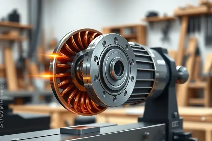 Render 3D conceitual de componente de motor elétrico com enrolamentos de cobre representando potência de ferramentas