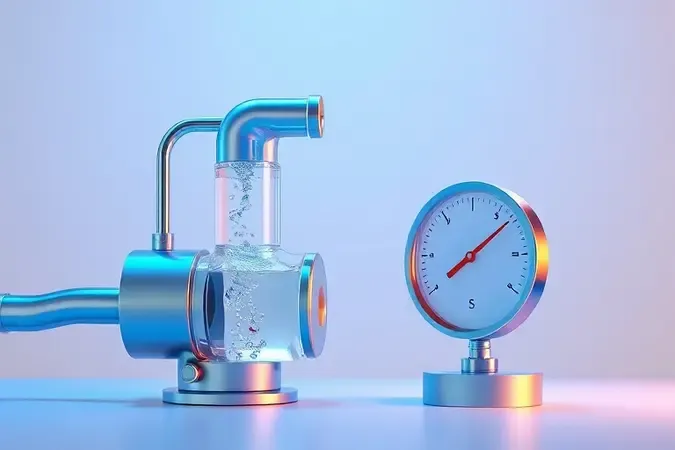 Visualização 3D conceitual de vazão de água e medição de potência com bomba e indicador abstrato.
