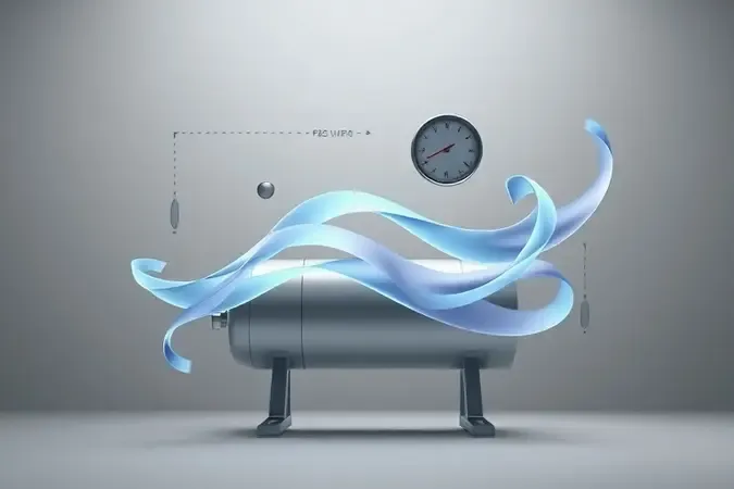 Render 3D conceitual abstrato representando potência e vazão de compressor de ar com elementos visuais de fluxo e medição.