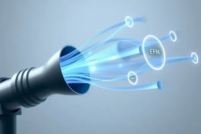 Renderização 3D de soprador com fluxos de ar em fitas translúcidas azuladas e indicadores abstratos de potência e velocidade.
