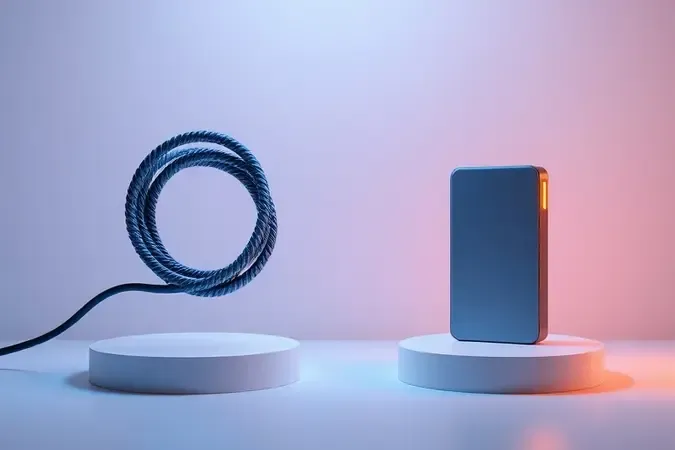 Render 3D conceitual comparando ferramenta elétrica com fio e sem fio em composição simétrica com iluminação contrastante