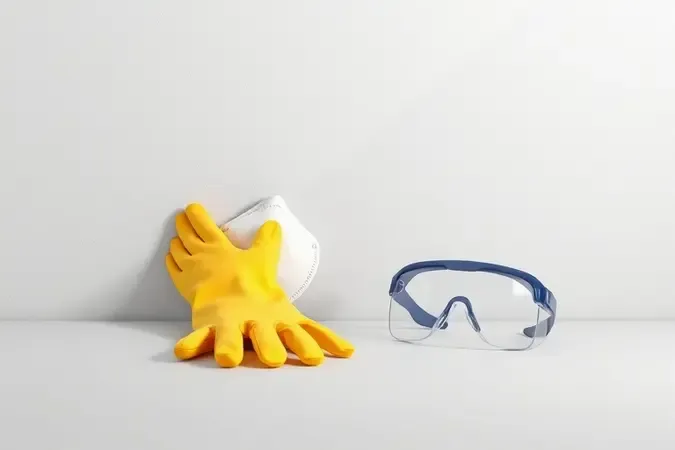 Render 3D de equipamentos de proteção para aplicação de massa acrílica, incluindo luvas, máscara e óculos sobre superfície neutra.