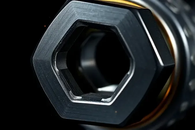 Render 3D em close-up de ponta de chave Allen encaixando com precisão em parafuso hexagonal com detalhes que sugerem torque e força.