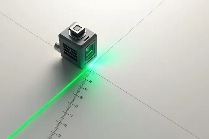 Renderização 3D de feixe laser preciso atingindo superfície com marcações de medição destacando exatidão e calibração fina