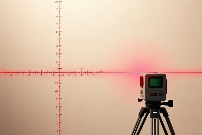 Close 3D de linha laser precisa e nítida sobre superfície com marcas de medição em ambiente clean