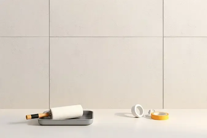 Render 3D conceitual de superfície preparada e ferramentas para aplicação de tinta emborrachada em composição organizada.