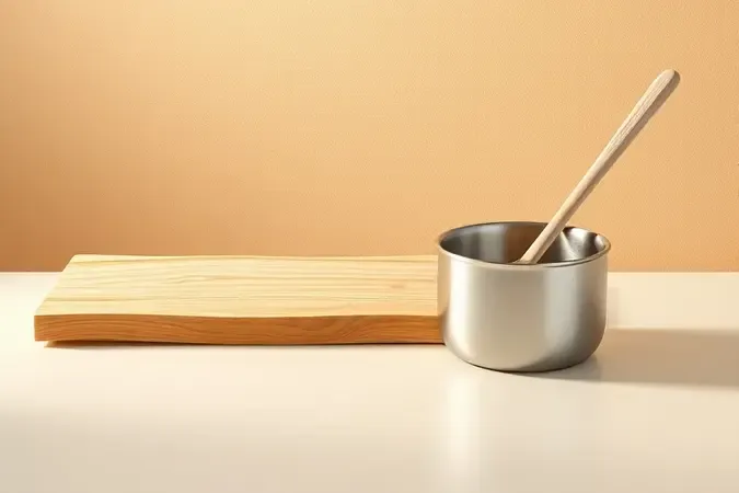Render 3D mostrando preparação de verniz para madeira com tábua de madeira e recipiente de mistura.