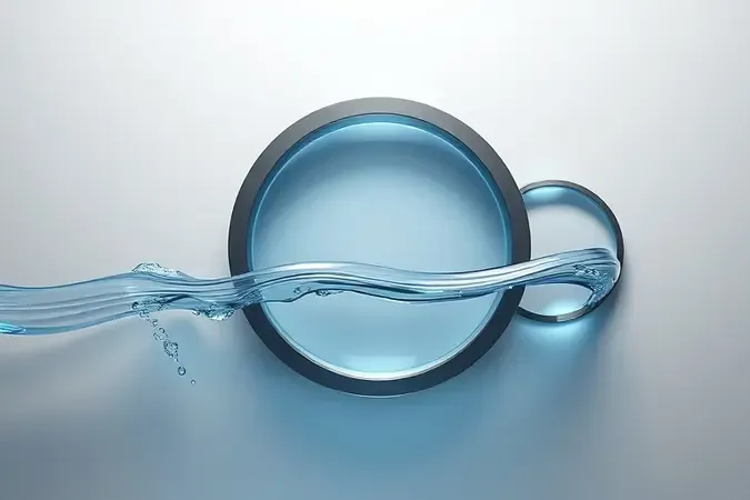 Conceito 3D de pressão e vazão de água com elementos abstratos de medição e jatos cristalinos em composição minimalista.