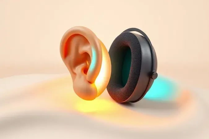 Render 3D artístico de orelha estilizada ao lado de abafador de ruídos simbolizando prevenção de perda auditiva.