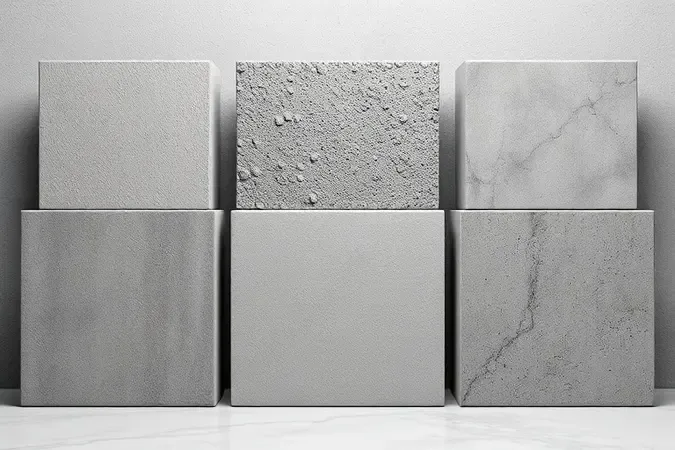 Diferentes tipos de cimento em blocos geométricos com variações de textura e tonalidades de cinza em renderização 3D conceitual.