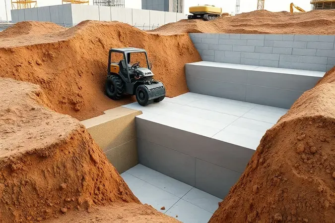 Cena conceitual 3D de compactador de solo em uso em obra de construção civil, demonstrando aplicações práticas da compactação.