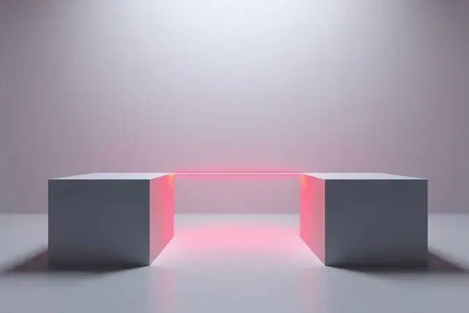 Ilustração conceitual do princípio de medição a laser entre dois pontos arquitetônicos abstratos com feixe de luz vermelha