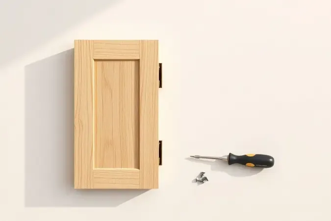 Render 3D conceitual de reparo doméstico com porta de armário e ferramentas organizadas ao lado.