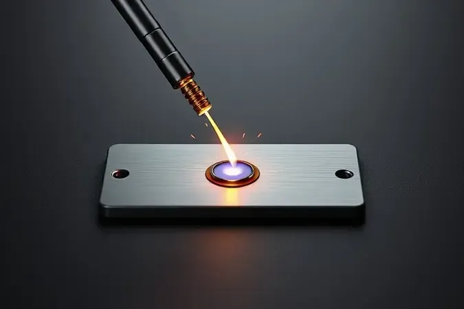 Processo de soldagem com arco elétrico e poça de fusão em close-up conceitual 3D.