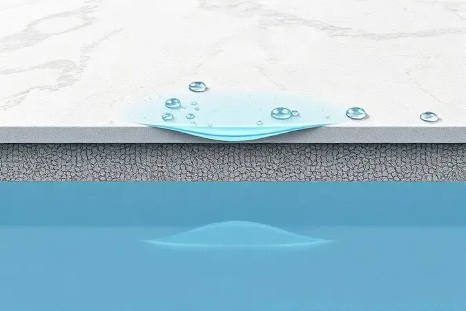 Renderização 3D conceitual mostrando camadas de azulejo, adesivo e substrato impermeável em parede de piscina.