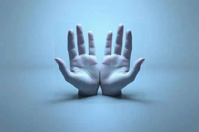Renderização 3D conceitual de barreira protetora translúcida ao redor de mãos simbolizando a proteção oferecida por luvas de segurança.