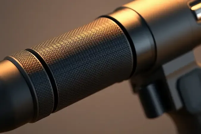 Render 3D em close do punho emborrachado ergonômico de furadeira com textura antiderrapante e iluminação suave.