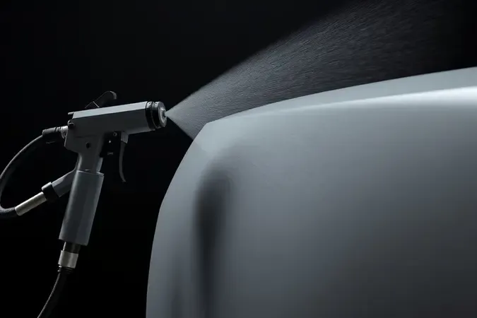 Pistola de pintura aplicando acabamento uniforme em painel automotivo curvo em renderização 3D profissional.