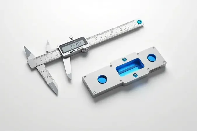 Ferramentas de medição de precisão em render 3D simbolizando qualidade e confiabilidade sobre superfície branca minimalista.
