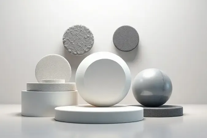 Render 3D conceitual representando qualidades essenciais de compostos polidores automotivos com formas geométricas abstratas.