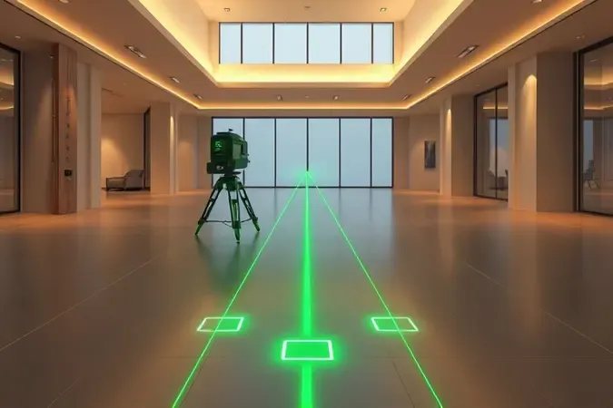 Visualização 3D de feixe laser verde percorrendo longo alcance em ambiente interno espaçoso com indicadores de distância minimalistas