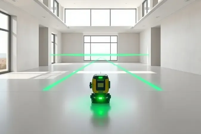 Render 3D mostrando alcance de nível laser com feixe verde atravessando ambiente espaçoso e moderno