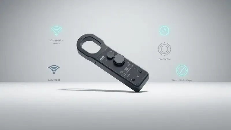 Cena conceitual 3D de alicate amperímetro digital com ícones abstratos flutuantes representando recursos extras como conectividade, retenção de dados e detecção de tensão.