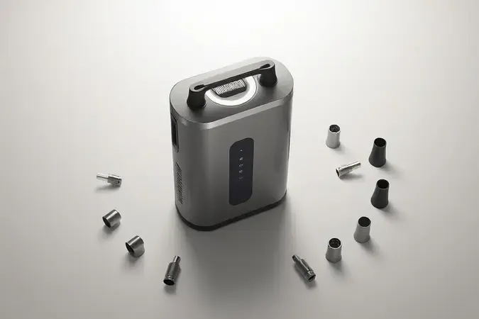Recursos extras de compressor de ar portátil incluindo display digital, iluminação LED e bicos intercambiáveis em 3D