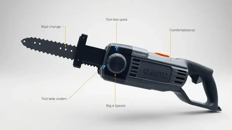 Render 3D conceitual destacando recursos extras de serra sabre como mecanismo de troca rápida e empunhadura ergonômica