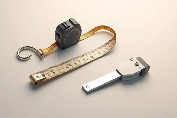 Composição conceitual 3D com gancho magnético, clip de cinto e mecanismo de trava de trena arranjados esteticamente.