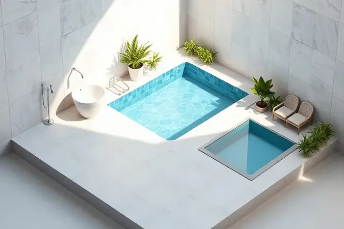 Render 3D conceitual de ambientes com rejunte acrílico em banheiro moderno, borda de piscina e área externa integrados.