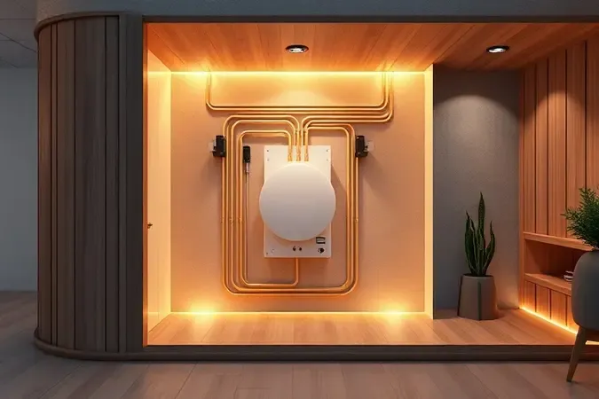 Render 3D conceitual de uma residência moderna em corte mostrando sistema de distribuição de energia com linhas luminosas e unidade estilizada.