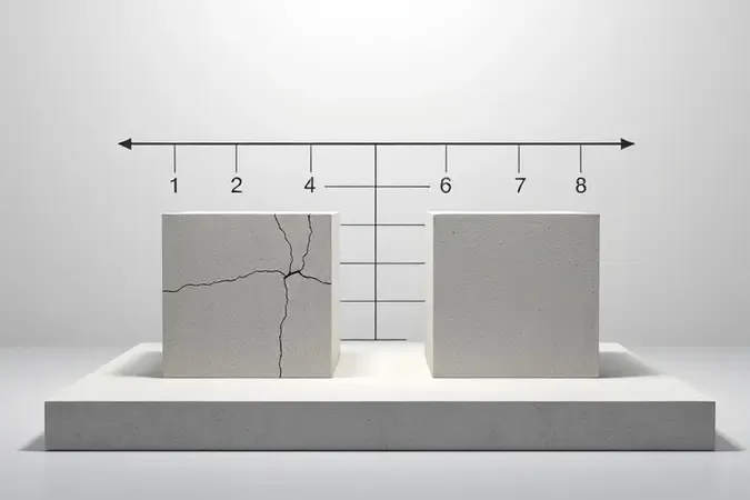 Cubos de concreto em ensaio de resistência conceitual representando diferentes níveis de compressão em render 3D minimalista.
