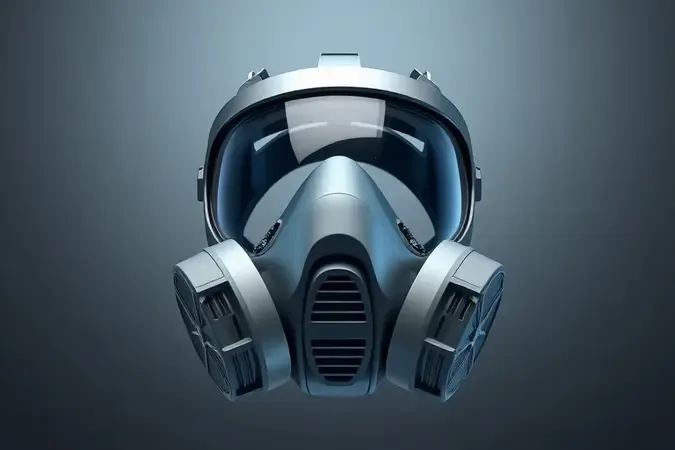 Respirador facial completo em close-up 3D com viseira transparente e materiais realistas