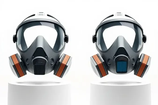 Render 3D comparando respirador facial total com viseira e modelo semifacial leve em composição minimalista.