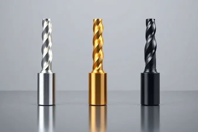 Comparação visual de brocas com diferentes revestimentos: aço natural, titânio dourado e óxido preto em renderização conceitual