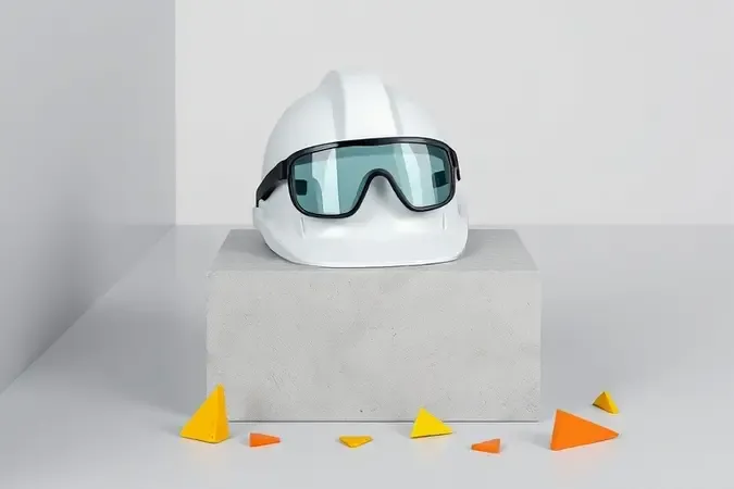 Cena conceitual 3D representando riscos em canteiro de obras com capacete e óculos de proteção.