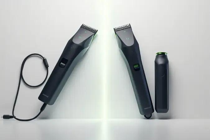 Renderização 3D comparando roçadeira elétrica com fio e modelo a bateria lado a lado com iluminação profissional.